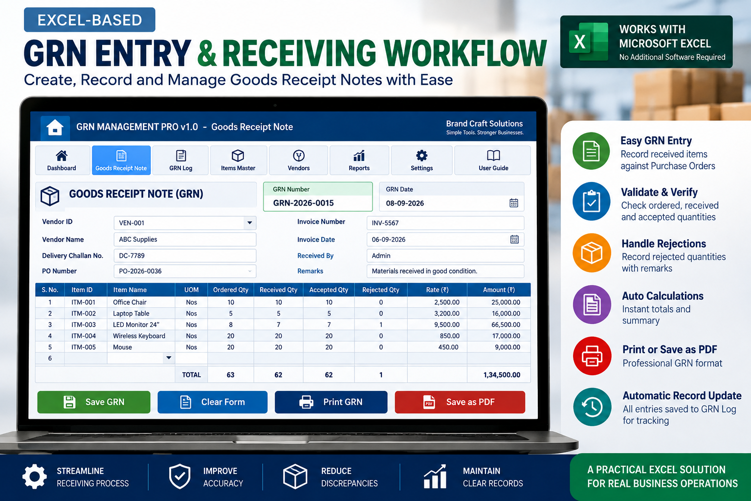 Goods Receipt Note PRO workbook screenshot